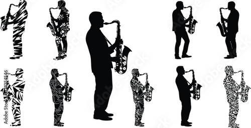 Saxophone player silhouettes, abstract musician art, jazz band clipart, musical design elements, vector illustration set