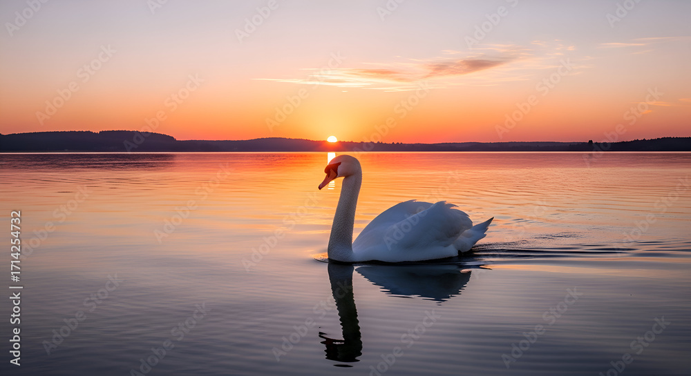 Fototapeta premium Swans Serene Swim at Sunset: A Tranquil Lakeside Scene.