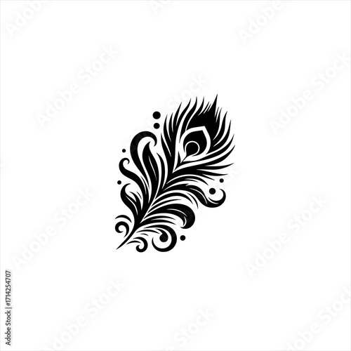 Elegant black peacock feather design with swirls and dots