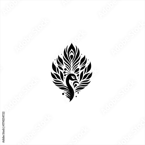 Elegant black peacock silhouette with stylized feathers