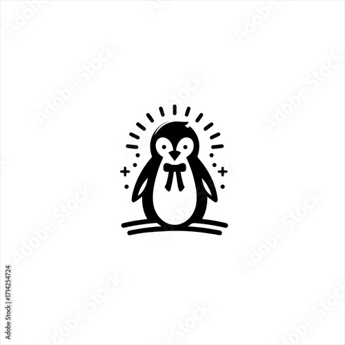 Cute cartoon penguin with a bow tie and radiating lines