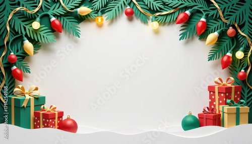 Paper cut, paper art for festive Christmas decoration holiday. Festive holiday frame with colorful lights, greenery, and wrapped gifts, perfect for Christmas greetings or seasonal promotions.