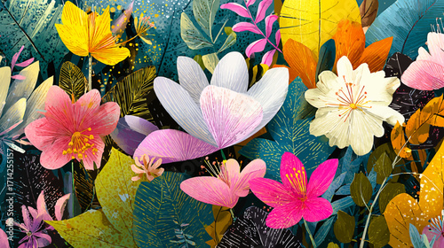 Victor cartoon colorful tropical leaves pattern in vibrant hues, featuring exotic foliage, playful design elements, lush rainforest vibes, perfect for summer projects, wallpapers, textiles, invitation