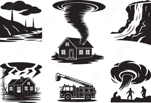 Natural disasters icons set black silhouettes