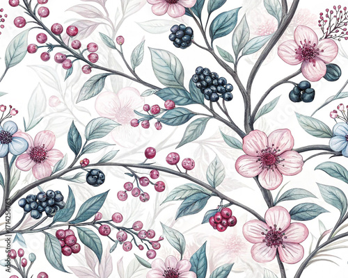 Wallpaper Mural Watercolor seamless pattern with leaves and flowers. floral design background textile, fabric, decoration Torontodigital.ca