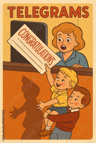 1950s style illustration of excited boys receiving congratulations telegram from postal worker against vintage interior