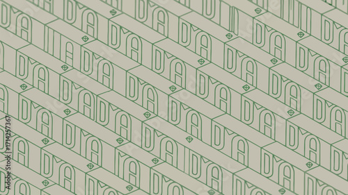 Repeating pattern of the word dada in green lines on a light background with small diamond shapes