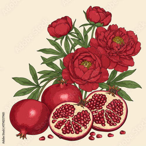 Red Peonies and Pomegranates Botanical Illustration. Hand-drawn vintage floral and fruit composition.
