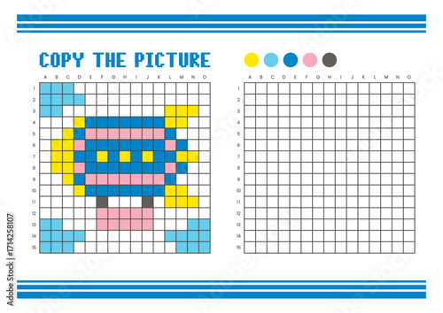 Copy the picture grid drawing worksheet for kids. Pixel art zeppelin
