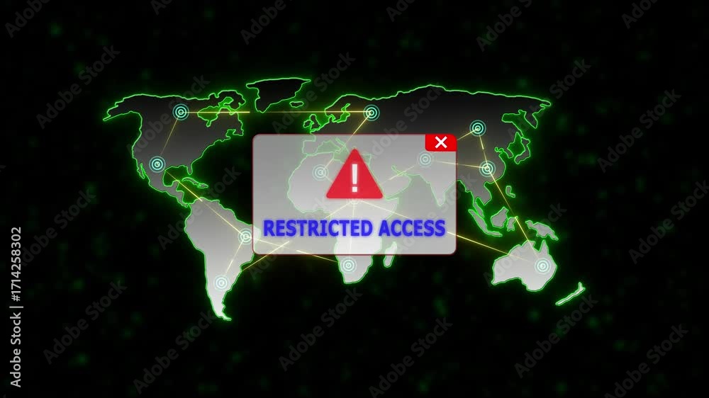 RESTRICTED ACCESS Alert Warning Message Attack on World map. radio ...