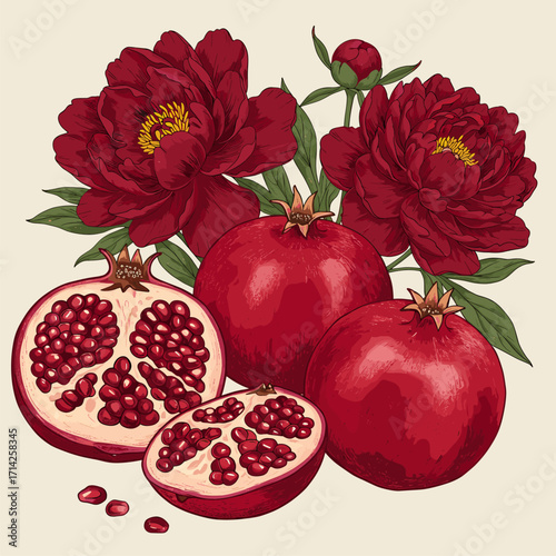 Rich Red Pomegranates and Peony Blooms Botanical Drawing