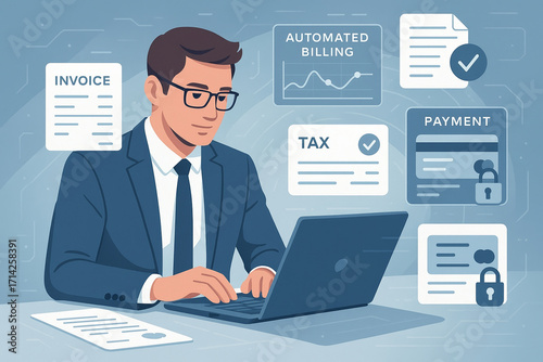 Businessman working laptop with financial documents and digital icons related to billing, tax, payment, and invoice blue background, representing modern digital finance workflow and automated
