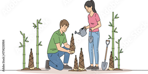 Bamboo planting, teamwork in nature, eco-friendly gardening, sustainable agriculture, environmental care, reforestation effort, green lifestyle, outdoor activity, soil cultivation, watering bamboo