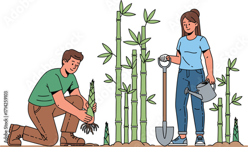 Bamboo planting, teamwork, environmental care, sustainable gardening, green lifestyle, eco-friendly activity, soil work, watering, shovel use, nature conservation, growth