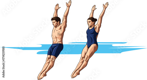 Synchronized diving, athletic performance, male and female divers, mid-air pose, competitive sport, precision, water entry, blue swimsuit, teamwork, Olympic style