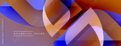 Abstract shapes overlap, creating vibrant color gradients. Blue, orange, purple hues dominate design. Modern aesthetic.