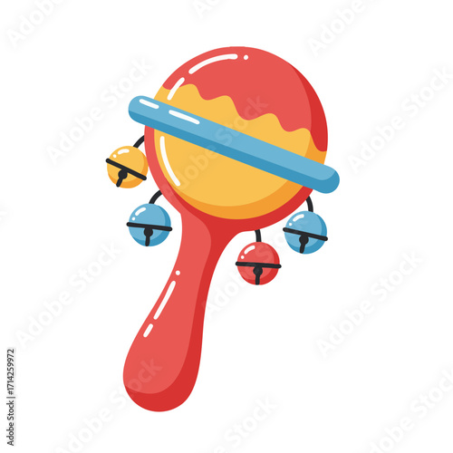 Colorful baby rattle toy with bells flat vector isolated