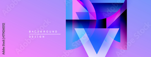 Abstract geometric design. Vibrant purple, blue hues create modern background. Overlapping shapes suggest depth, dynamism. Minimalist text present.