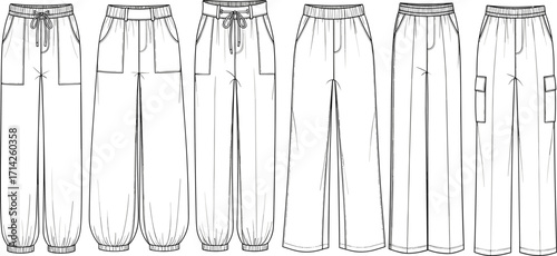 Cad drawing flat vector illustration of women's wide leg trousers, technical fashion sketch, comfortable casual pants design, front view detail