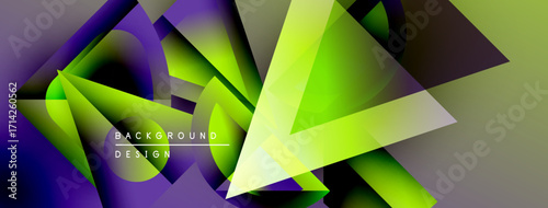 Abstract geometric composition. Vibrant triangles overlap, creating dynamic visual effect. Purple, green hues dominate design. Modern background texture.