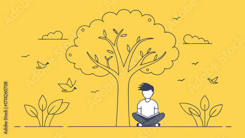 Boy reading a book under a tree in a peaceful natural setting with birds and clouds, symbolizing learning, mindfulness and connection with nature