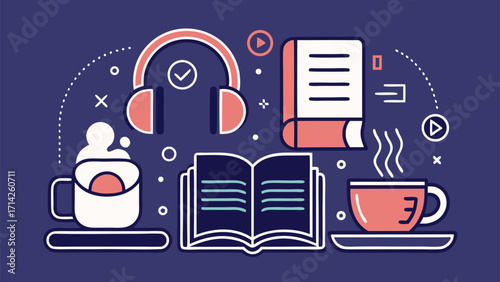 Open book with headphones, hot drinks, and play icons, representing audiobook listening, cozy reading, and relaxing time with books and coffee