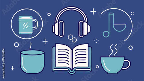 Open book surrounded by headphones, coffee mugs, and music notes, representing audiobook listening, relaxation, and cozy reading atmosphere