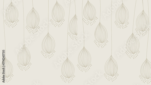 Abstract art featuring hanging white objects with bead like details against a light background
