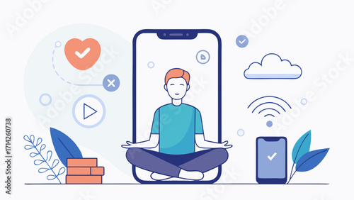 Man meditating in front of smartphone surrounded by digital icons and nature elements, symbolizing balance between technology and mindfulness