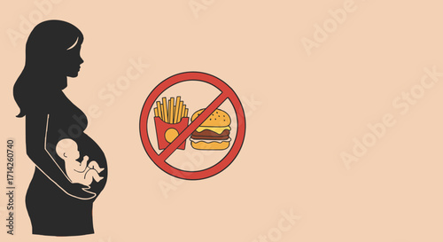 A silhouette of a pregnant woman without junk food, icons of fast food symbolizing the harm that pregnancy can cause to the unborn child.