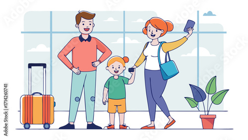 Smiling family with child taking a selfie at the airport with luggage, symbolizing travel, vacation and happy moments before departure