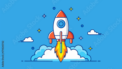 Rocket launching into the sky with fire and smoke, surrounded by clouds and stars, symbolizing innovation, startup growth and new beginnings