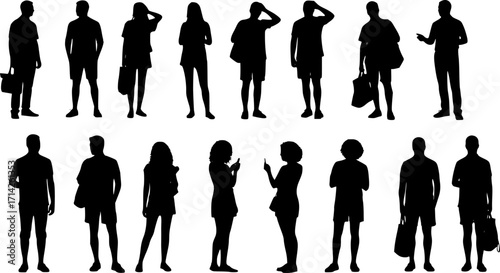 Vector silhouettes man and women, illustration. Silhouettes of young people posing in casual clothes. EPS10 version.