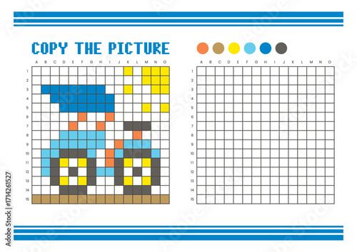 Copy the picture grid drawing worksheet for kids. Pixel art pedicab