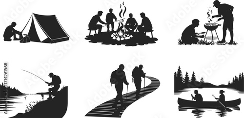 Camping and outdoor activities silhouettes, tent setup, campfire gathering, grilling, fishing, hiking, canoeing, nature adventure