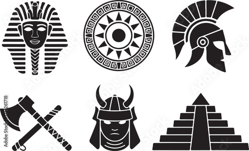 Ancient warrior symbols and cultural icons set