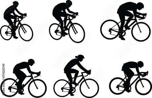 Cyclist silhouettes, six biking poses, road cycling, athletic rider, sport illustration, bicycle motion, fitness, racing, endurance, vector art