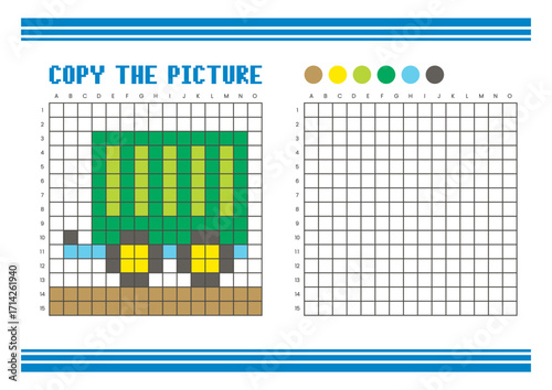Copy the picture grid drawing worksheet for kids. Pixel art camper trailer