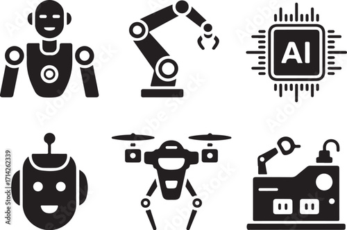 Modern robot and AI technology icons set graphic