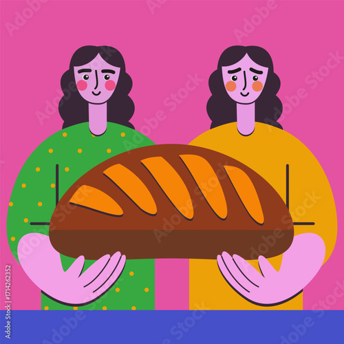 Two women proudly present a freshly baked loaf of bread in a home kitchen. Flat abstract illustration for food recipe, bakery, or cooking concept.