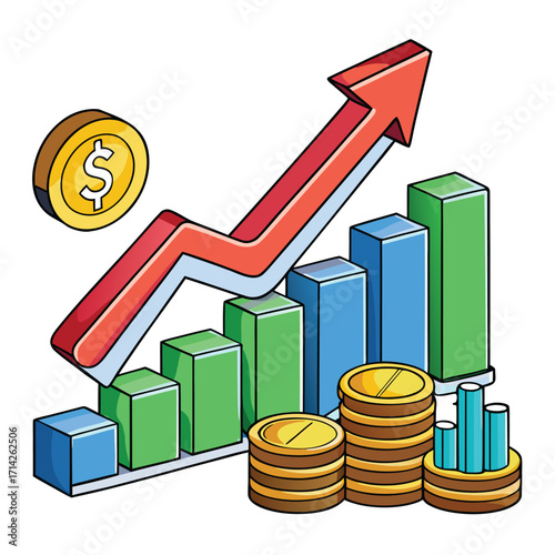 3d illustration vector render of graph icon up arrow and coins money finance