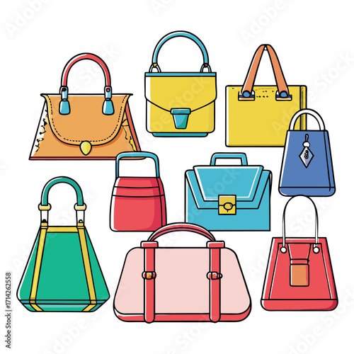 Various colorful handbags with handles and clasps purse tote