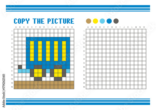Copy the picture grid drawing worksheet for kids. Pixel art camper trailer