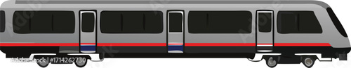 Modern commuter train vehicle with dark windows and red stripe subway urban