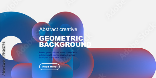 Abstract geometric background features overlapping colorful circles. Text promotes further information via button. Minimalist design.