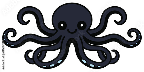 Dark octopus with eight swirling tentacles and light blue suckers cephalopod marine life