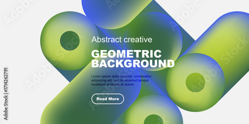 Abstract geometric background features vibrant blue, green shapes. Text overlay includes title, sample text, call to action button. Minimalist design.