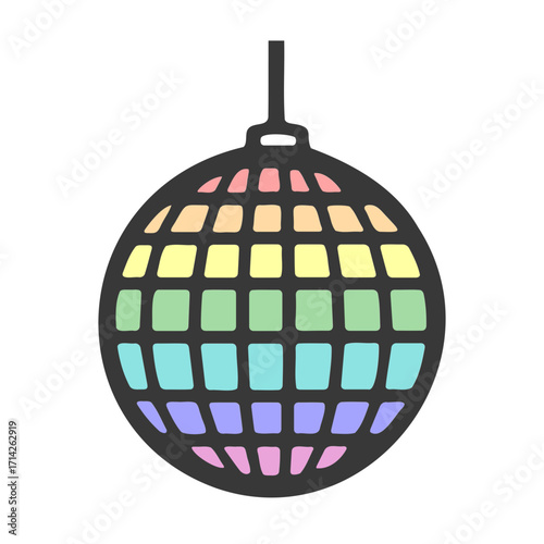 Illustration of a disco ball with rainbow colored squares and a black outline and hanging loop design