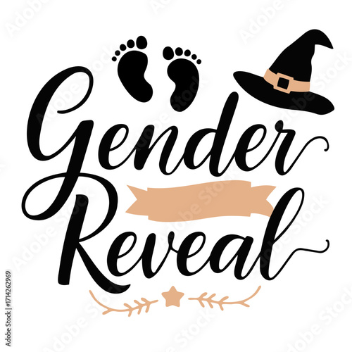 Gender reveal design with baby footprints, witch hat, and decorative banner in black and tan colors