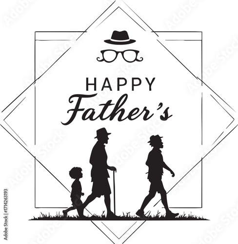 Generational Fatherhood Vector – Hat, Mustache, and Silhouettes of Child, Adult, and Elder Celebrating Father’s Day Legacy